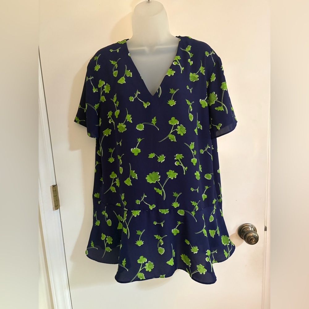 Banana Republic Navy Blue V-Neck Floral Peplum Top with Lime Green Print